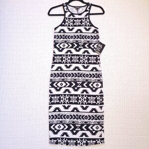 New Express black & white tank fitted dress in Aztec print